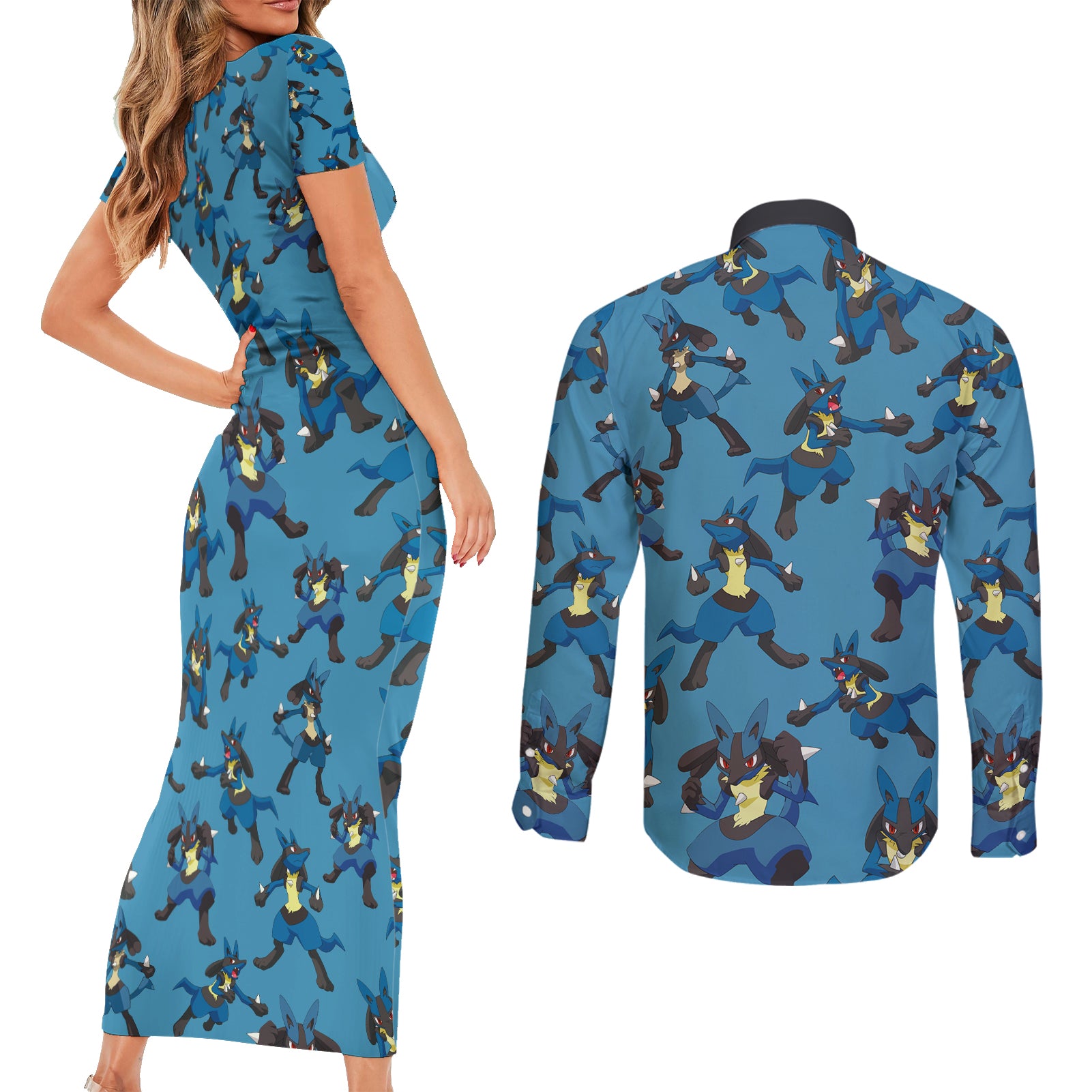 Lucario Pattern Style Couples Matching Short Sleeve Bodycon Dress and Long Sleeve Button Shirt