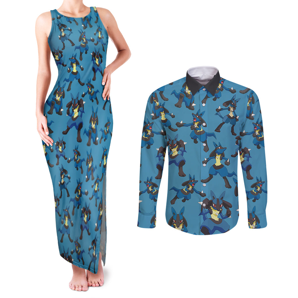 Lucario Pattern Style Couples Matching Tank Maxi Dress and Long Sleeve Button Shirt