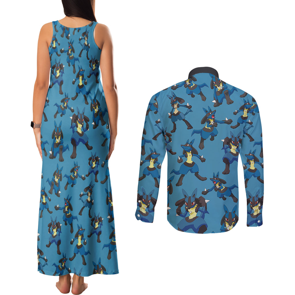 Lucario Pattern Style Couples Matching Tank Maxi Dress and Long Sleeve Button Shirt
