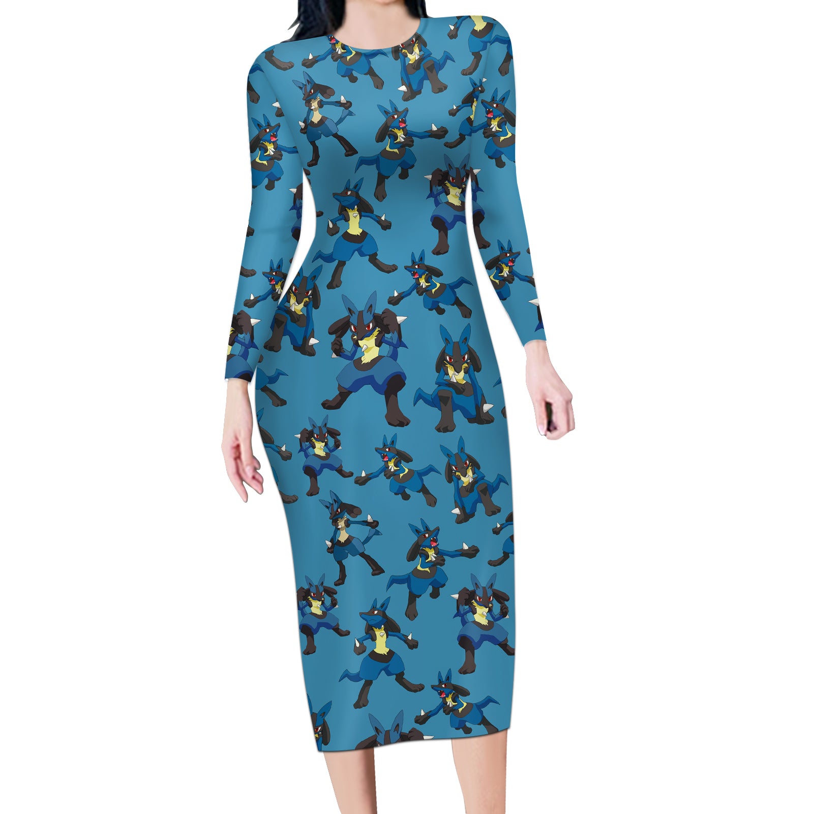 Lucario Pattern Style Long Sleeve Bodycon Dress