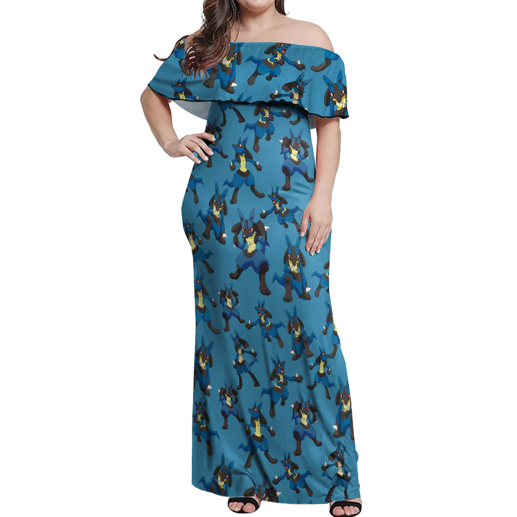 Lucario Pattern Style Off Shoulder Maxi Dress