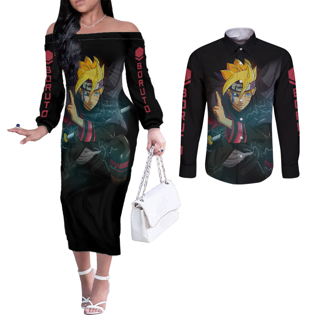 BRT Uzumaki - BRT Anime Couples Matching Off The Shoulder Long Sleeve Dress and Long Sleeve Button Shirt