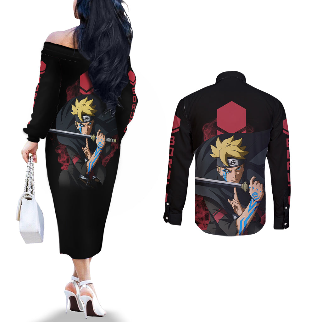 BRT Uzumaki - BRT Anime Couples Matching Off The Shoulder Long Sleeve Dress and Long Sleeve Button Shirt