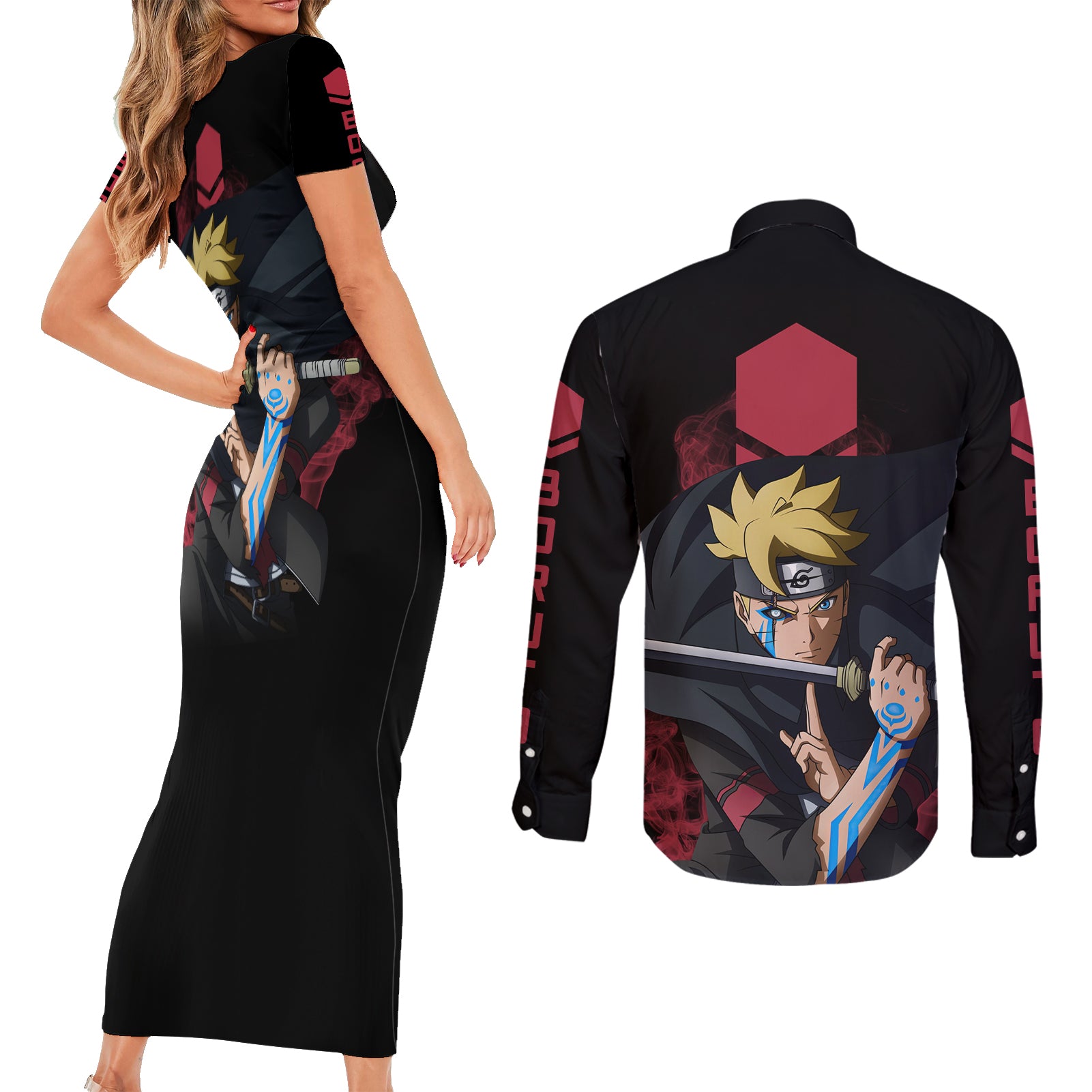BRT Uzumaki - BRT Anime Couples Matching Short Sleeve Bodycon Dress and Long Sleeve Button Shirt