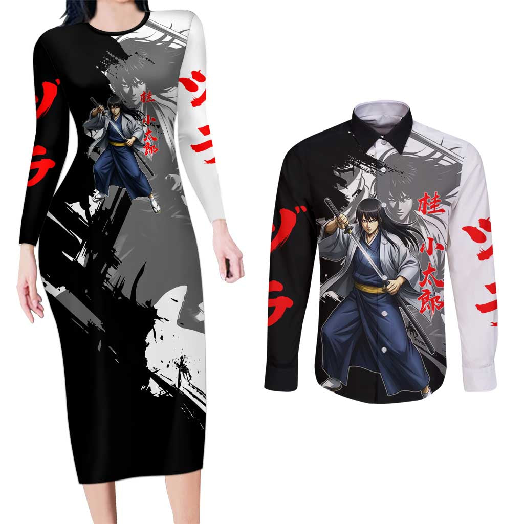 Kotaro Katsura Couples Matching Long Sleeve Bodycon Dress and Long Sleeve Button Shirt Traditional Samurai Ink Style