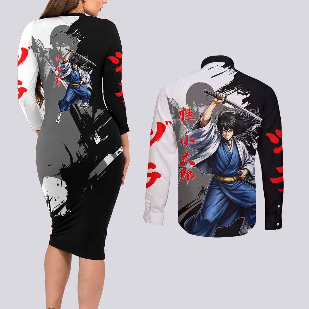 Kotaro Katsura Couples Matching Long Sleeve Bodycon Dress and Long Sleeve Button Shirt Traditional Samurai Ink Style