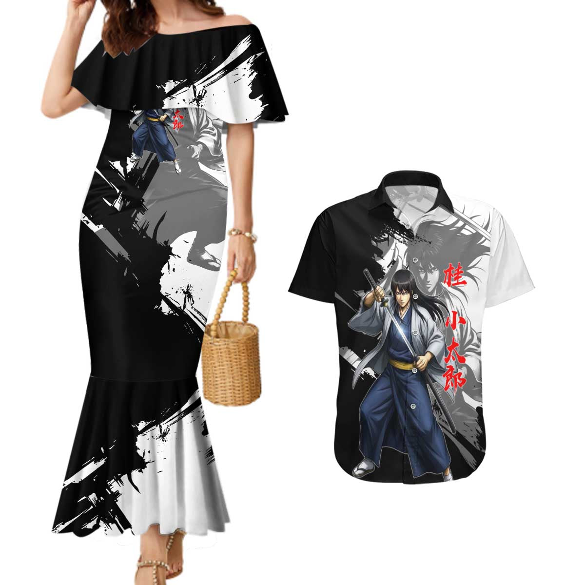 Kotaro Katsura Couples Matching Mermaid Dress and Hawaiian Shirt Traditional Samurai Ink Style