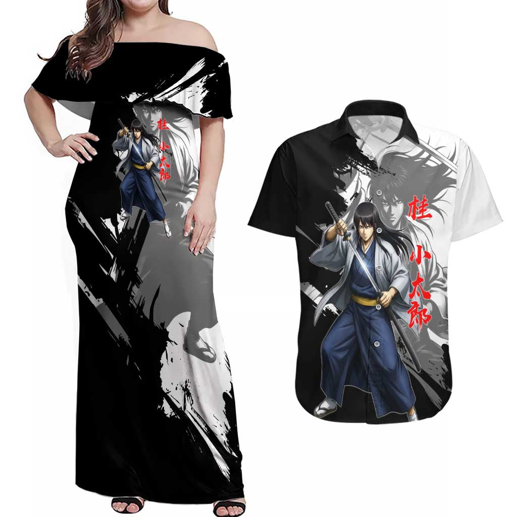 Kotaro Katsura Couples Matching Off Shoulder Maxi Dress and Hawaiian Shirt Traditional Samurai Ink Style