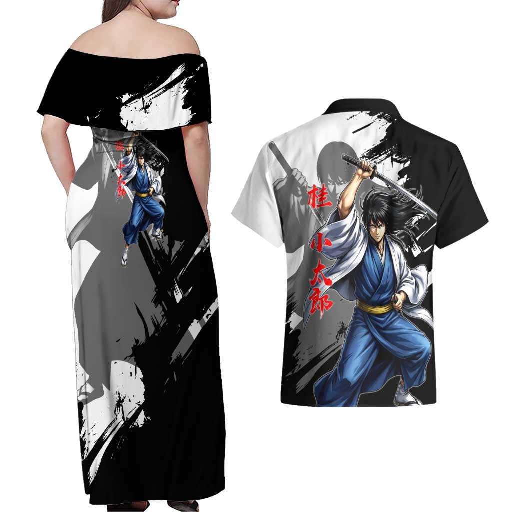 Kotaro Katsura Couples Matching Off Shoulder Maxi Dress and Hawaiian Shirt Traditional Samurai Ink Style