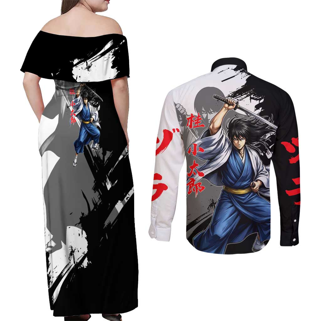Kotaro Katsura Couples Matching Off Shoulder Maxi Dress and Long Sleeve Button Shirt Traditional Samurai Ink Style