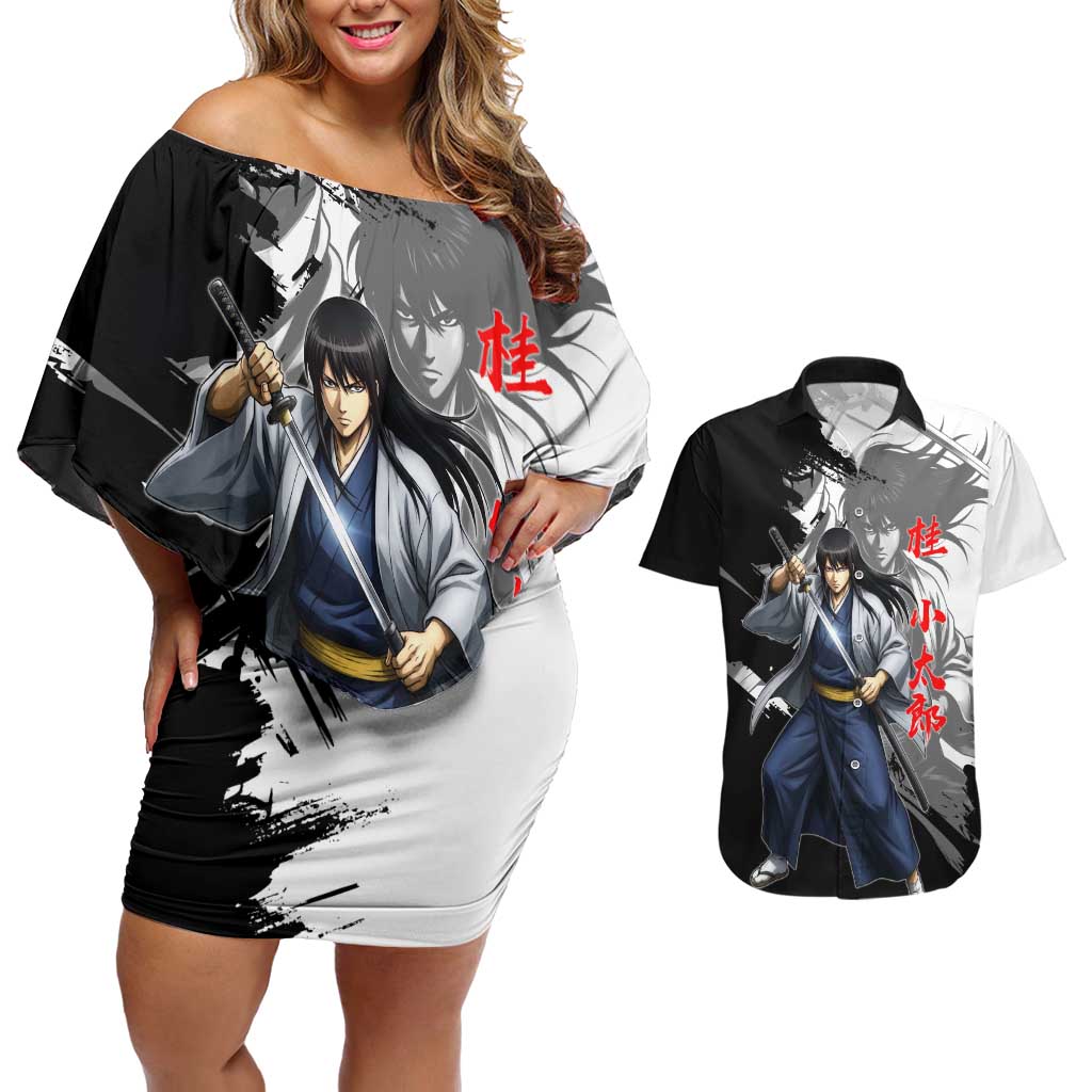 Kotaro Katsura Couples Matching Off Shoulder Short Dress and Hawaiian Shirt Traditional Samurai Ink Style