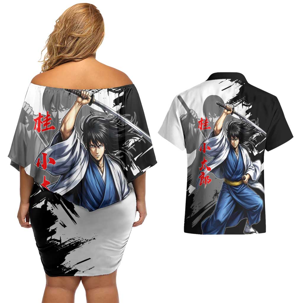 Kotaro Katsura Couples Matching Off Shoulder Short Dress and Hawaiian Shirt Traditional Samurai Ink Style