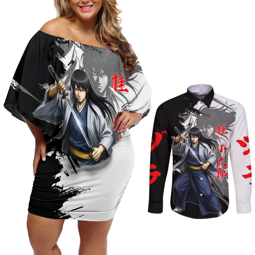 Kotaro Katsura Couples Matching Off Shoulder Short Dress and Long Sleeve Button Shirt Traditional Samurai Ink Style