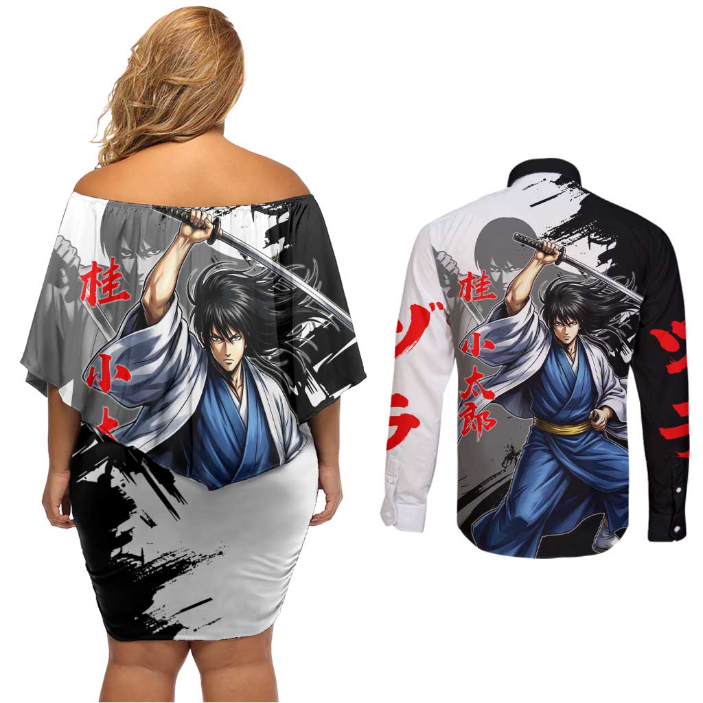 Kotaro Katsura Couples Matching Off Shoulder Short Dress and Long Sleeve Button Shirt Traditional Samurai Ink Style