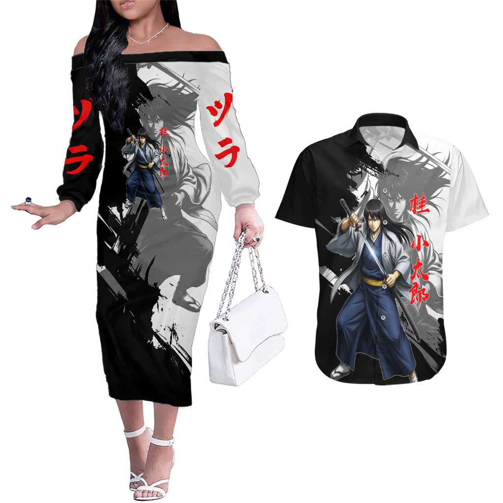 Kotaro Katsura Couples Matching Off The Shoulder Long Sleeve Dress and Hawaiian Shirt Traditional Samurai Ink Style