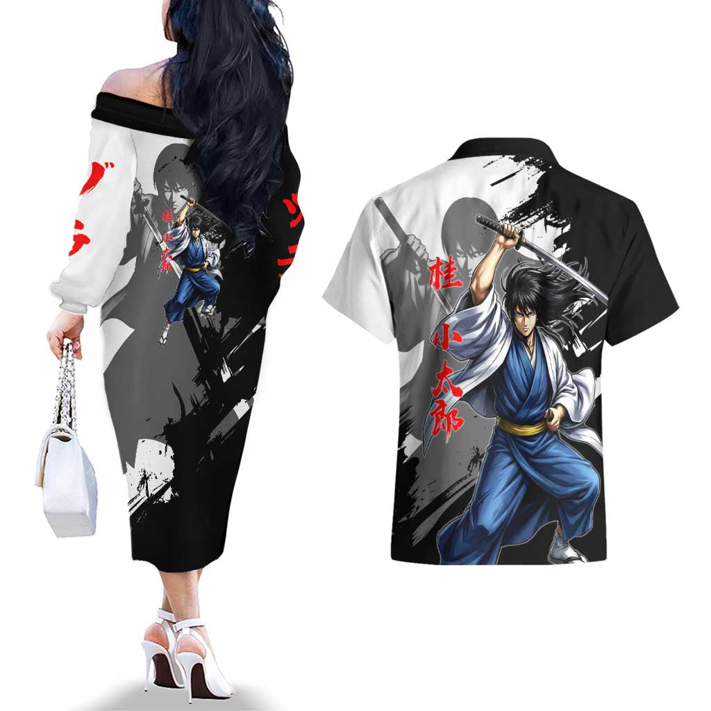 Kotaro Katsura Couples Matching Off The Shoulder Long Sleeve Dress and Hawaiian Shirt Traditional Samurai Ink Style
