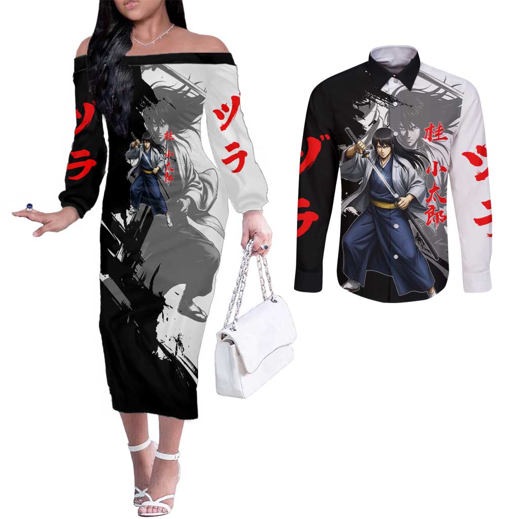 Kotaro Katsura Couples Matching Off The Shoulder Long Sleeve Dress and Long Sleeve Button Shirt Traditional Samurai Ink Style