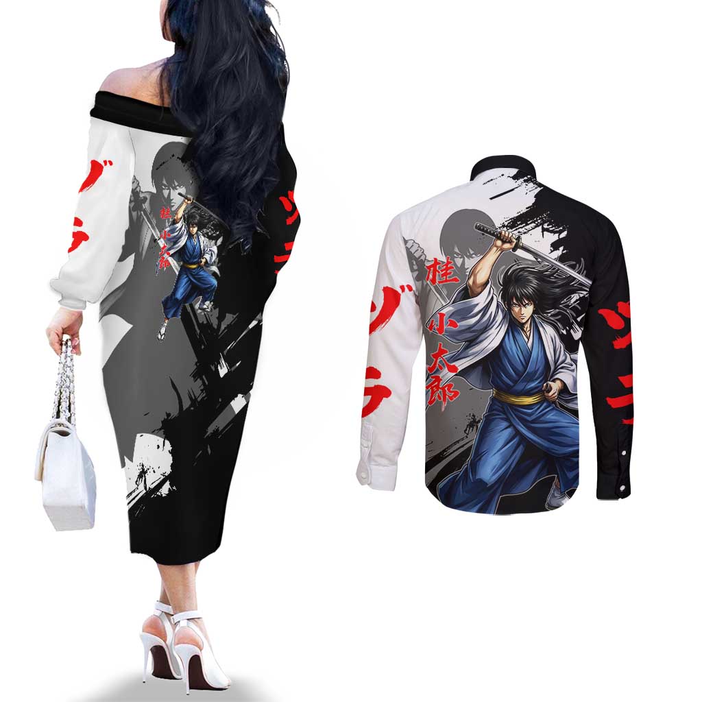Kotaro Katsura Couples Matching Off The Shoulder Long Sleeve Dress and Long Sleeve Button Shirt Traditional Samurai Ink Style