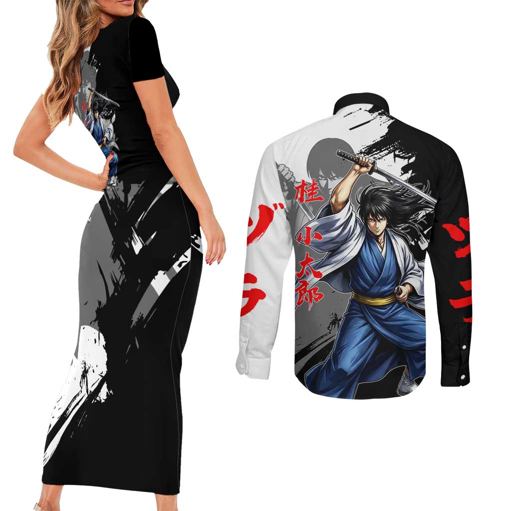 Kotaro Katsura Couples Matching Short Sleeve Bodycon Dress and Long Sleeve Button Shirt Traditional Samurai Ink Style