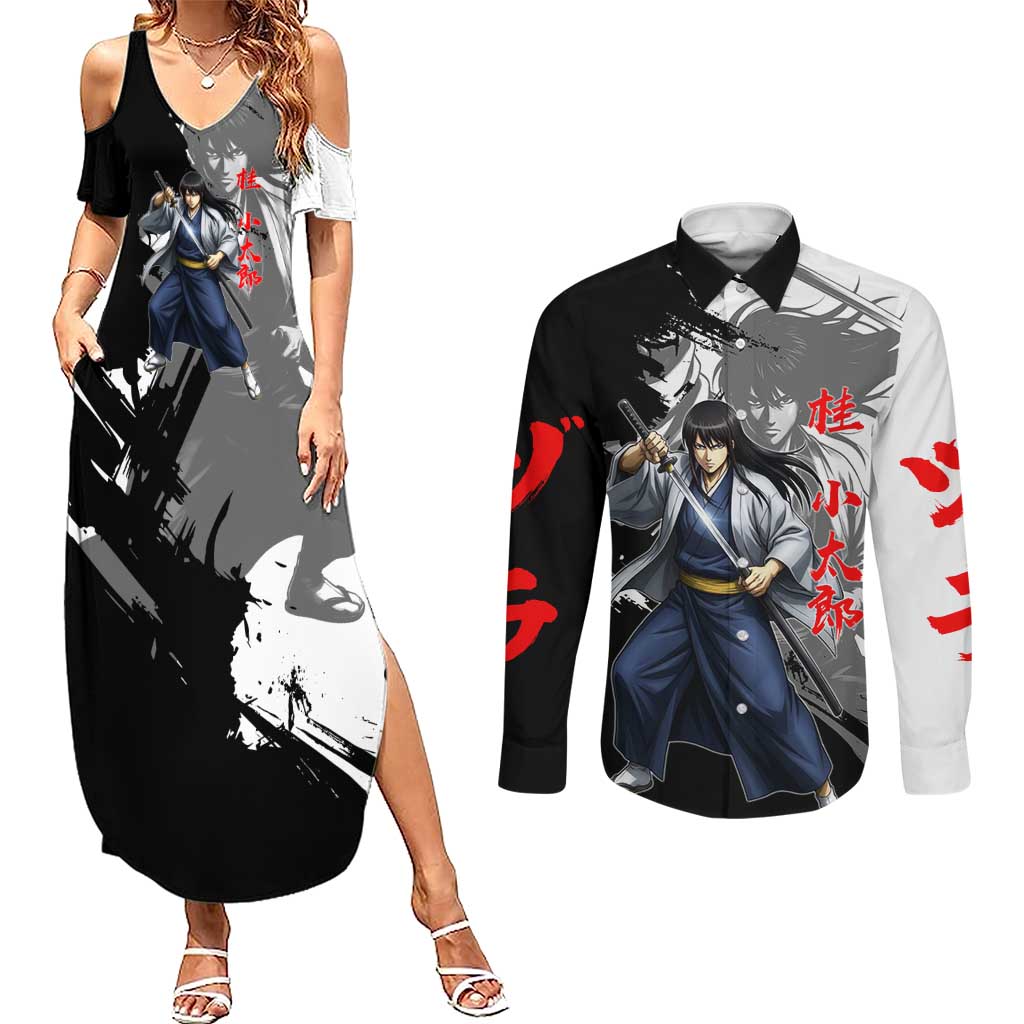 Kotaro Katsura Couples Matching Summer Maxi Dress and Long Sleeve Button Shirt Traditional Samurai Ink Style