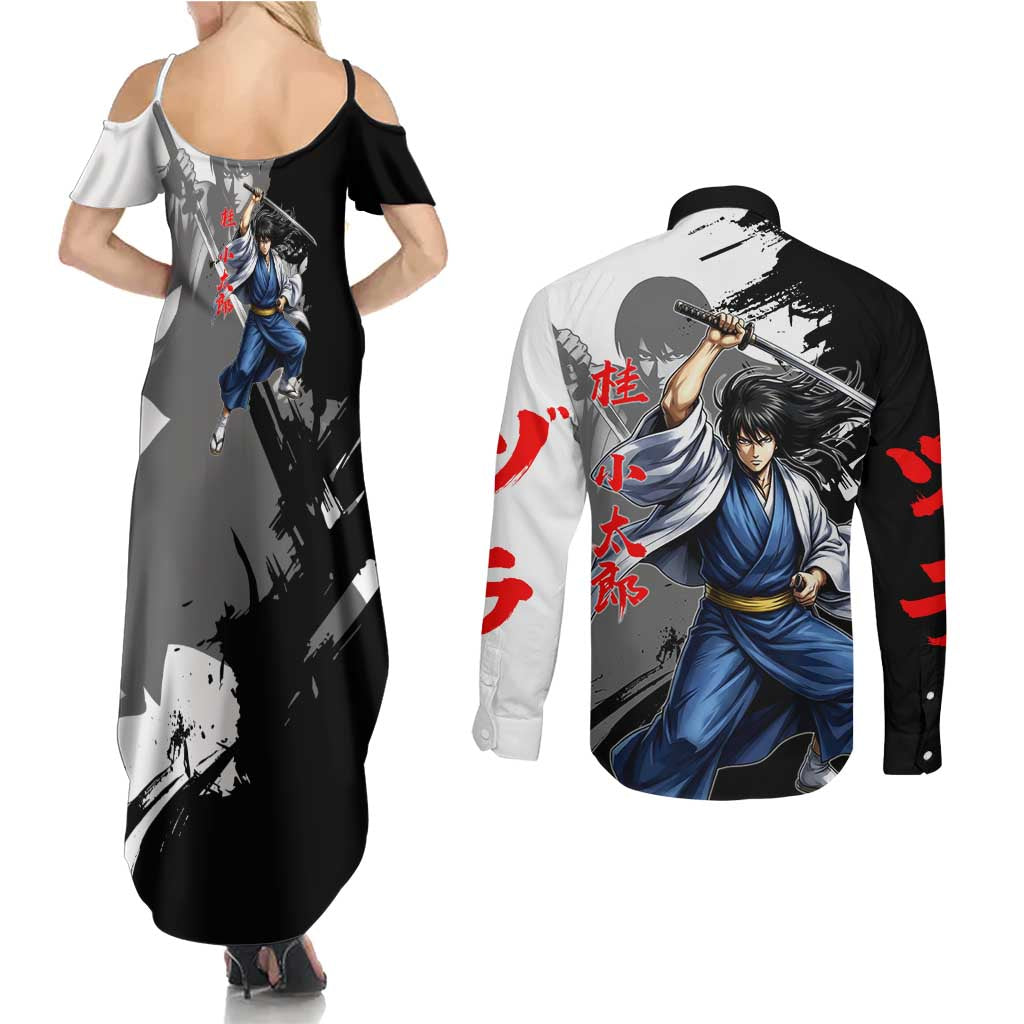 Kotaro Katsura Couples Matching Summer Maxi Dress and Long Sleeve Button Shirt Traditional Samurai Ink Style
