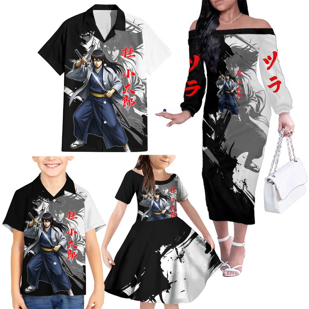 Kotaro Katsura Family Matching Off The Shoulder Long Sleeve Dress and Hawaiian Shirt Traditional Samurai Ink Style