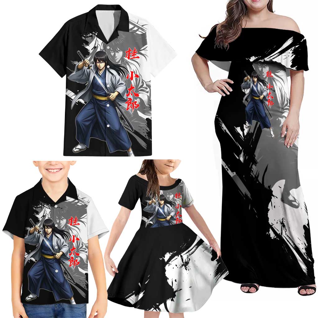 Kotaro Katsura Family Matching Off Shoulder Maxi Dress and Hawaiian Shirt Traditional Samurai Ink Style