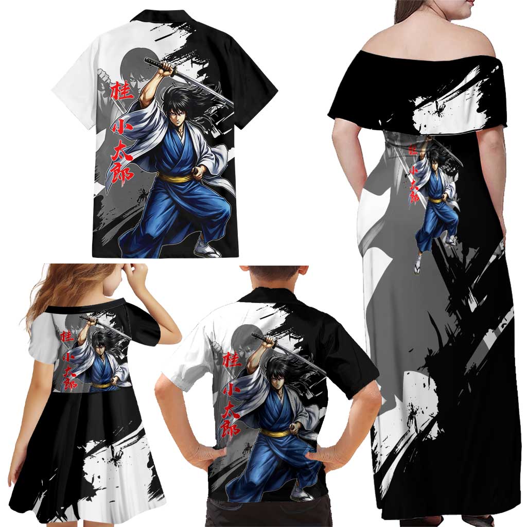 Kotaro Katsura Family Matching Off Shoulder Maxi Dress and Hawaiian Shirt Traditional Samurai Ink Style
