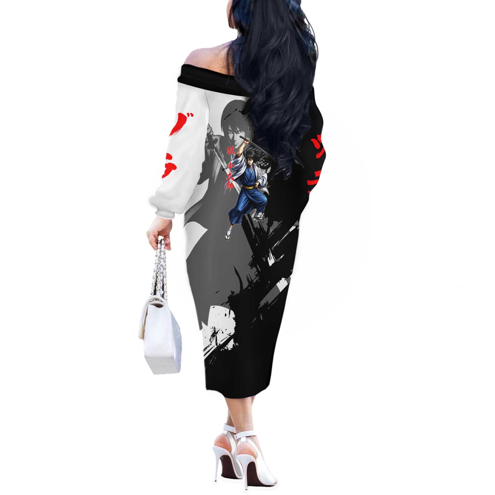 Kotaro Katsura Off The Shoulder Long Sleeve Dress Traditional Samurai Ink Style