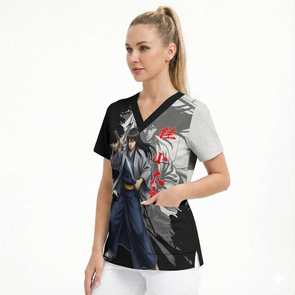 Kotaro Katsura Scrub Top Traditional Samurai Ink Style