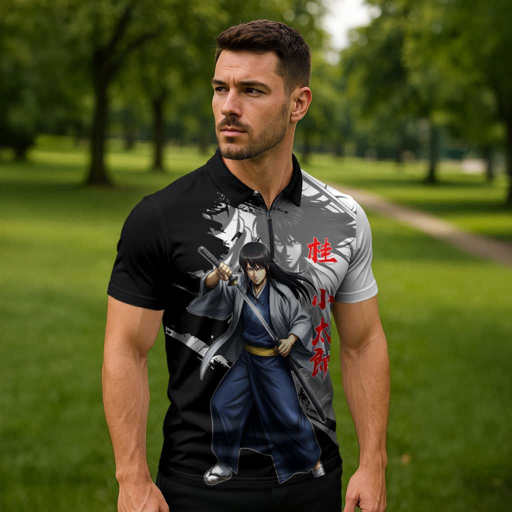 Kotaro Katsura Zipper Polo Shirt Traditional Samurai Ink Style