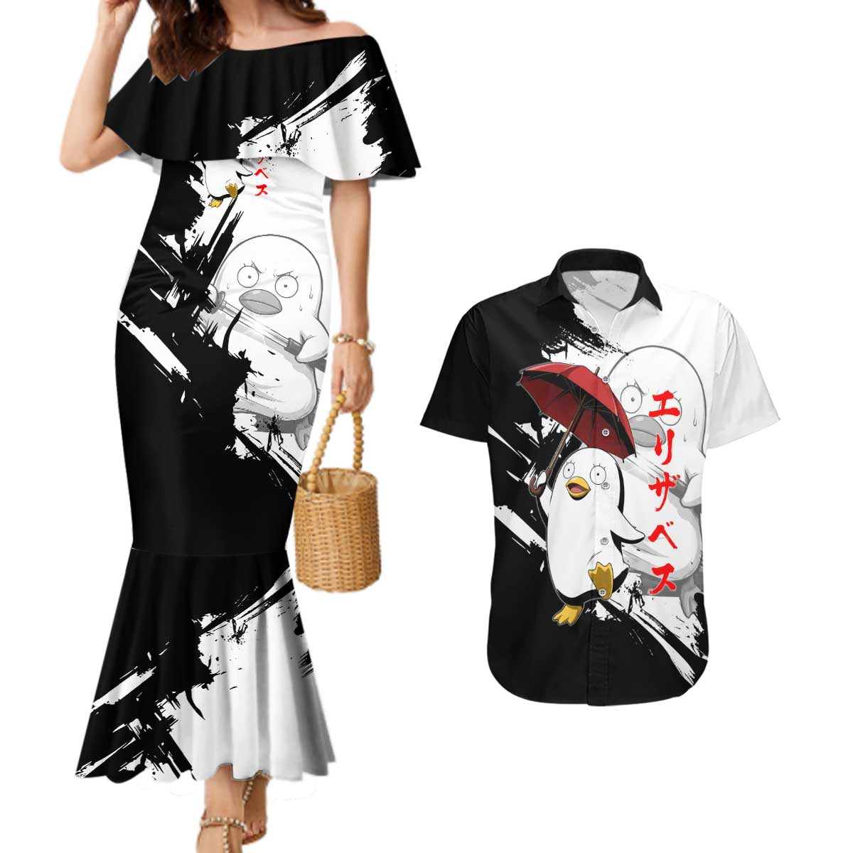 Elizabeth Couples Matching Mermaid Dress and Hawaiian Shirt Comic Parody Ink Splash Style
