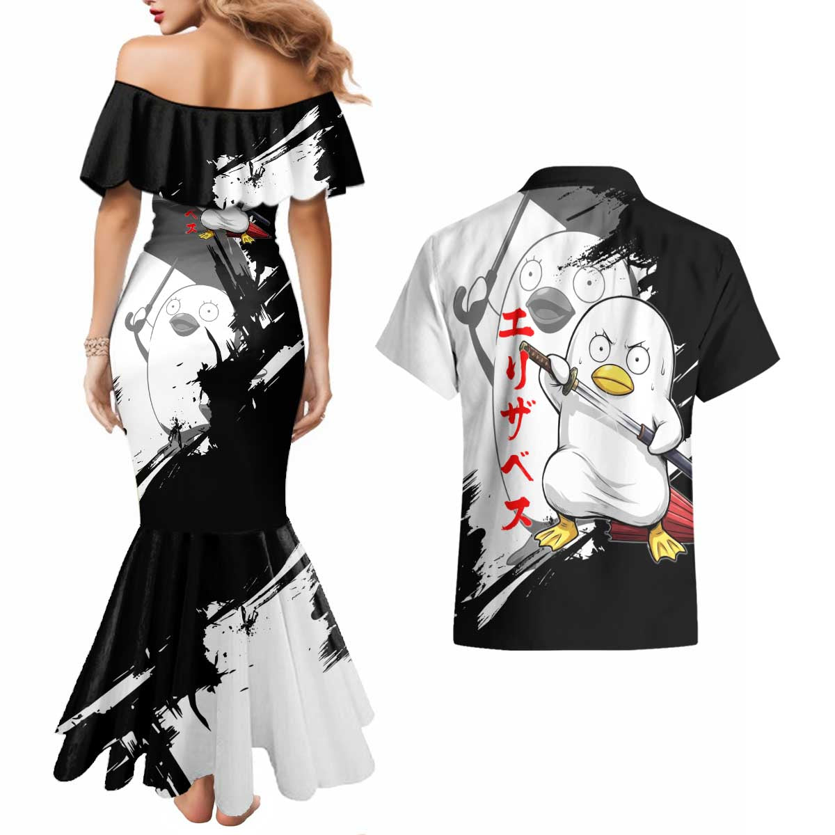 Elizabeth Couples Matching Mermaid Dress and Hawaiian Shirt Comic Parody Ink Splash Style