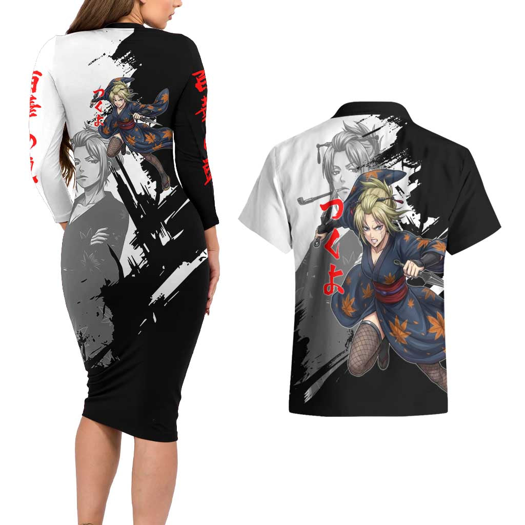 Tsukuyo Couples Matching Long Sleeve Bodycon Dress and Hawaiian Shirt Edo Shinobi Ink Brush Style