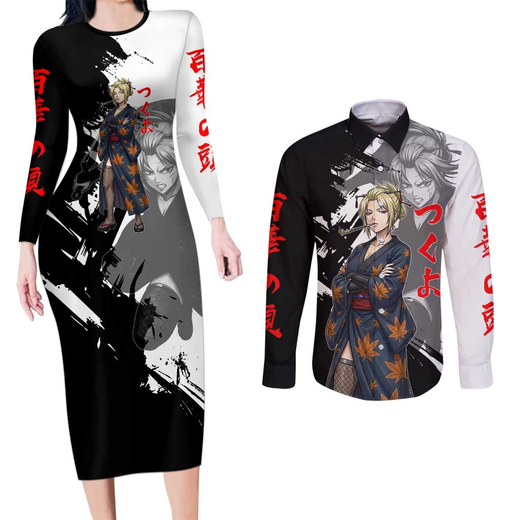 Tsukuyo Couples Matching Long Sleeve Bodycon Dress and Long Sleeve Button Shirt Edo Shinobi Ink Brush Style
