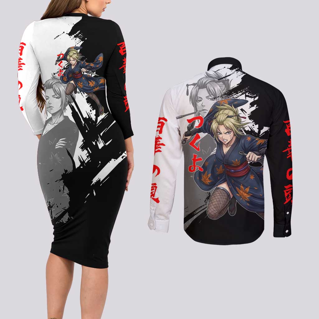 Tsukuyo Couples Matching Long Sleeve Bodycon Dress and Long Sleeve Button Shirt Edo Shinobi Ink Brush Style