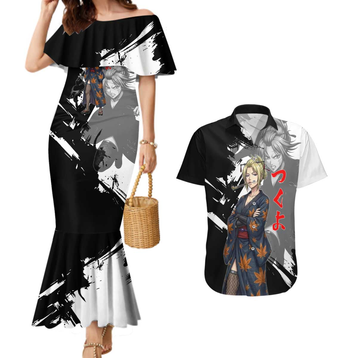 Tsukuyo Couples Matching Mermaid Dress and Hawaiian Shirt Edo Shinobi Ink Brush Style
