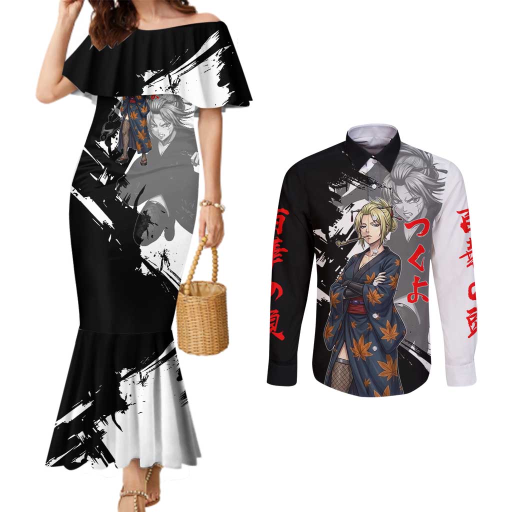 Tsukuyo Couples Matching Mermaid Dress and Long Sleeve Button Shirt Edo Shinobi Ink Brush Style