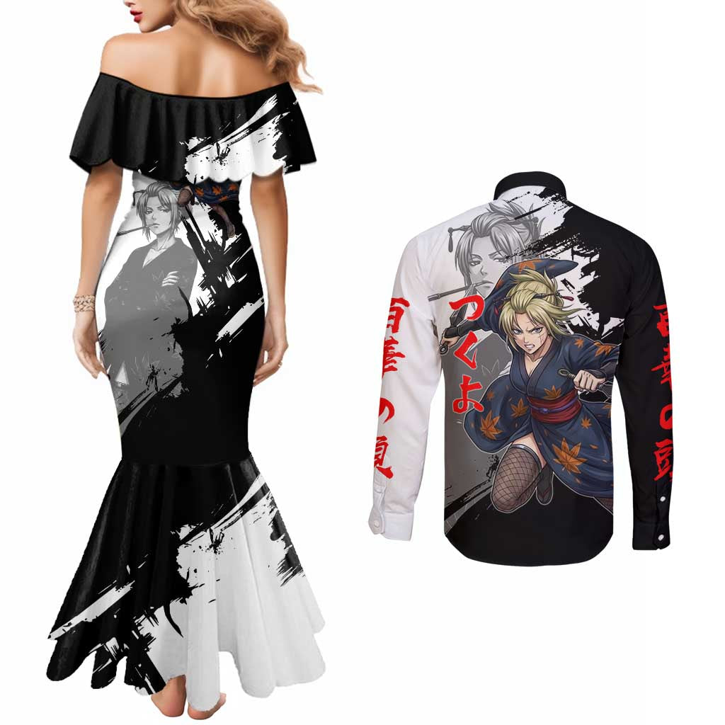Tsukuyo Couples Matching Mermaid Dress and Long Sleeve Button Shirt Edo Shinobi Ink Brush Style