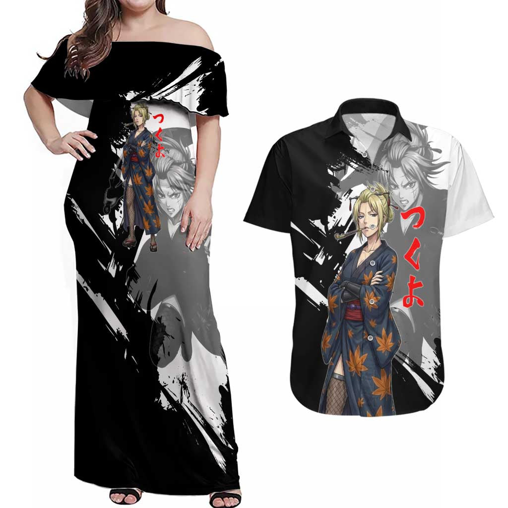 Tsukuyo Couples Matching Off Shoulder Maxi Dress and Hawaiian Shirt Edo Shinobi Ink Brush Style