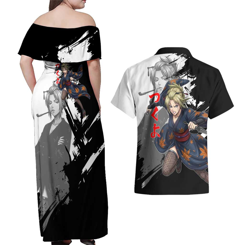 Tsukuyo Couples Matching Off Shoulder Maxi Dress and Hawaiian Shirt Edo Shinobi Ink Brush Style