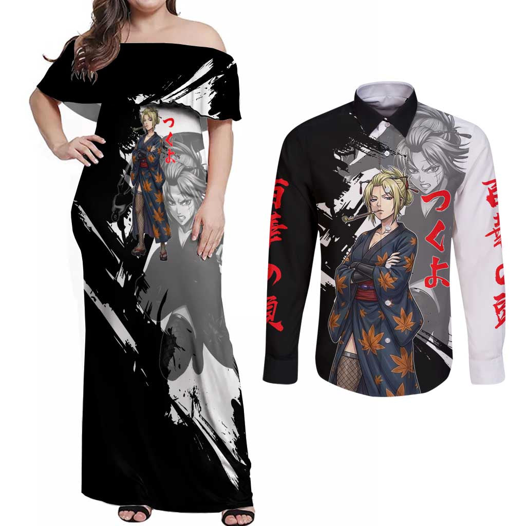Tsukuyo Couples Matching Off Shoulder Maxi Dress and Long Sleeve Button Shirt Edo Shinobi Ink Brush Style