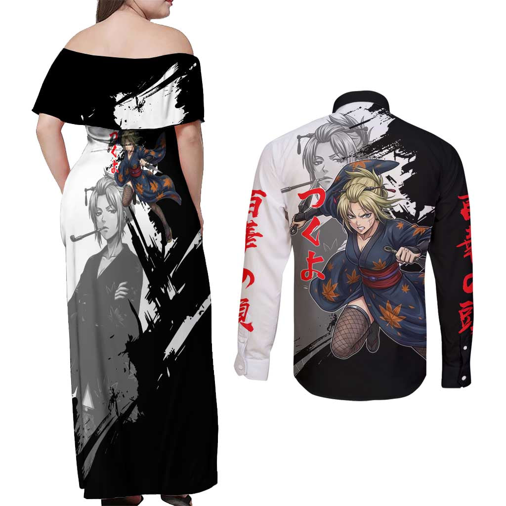 Tsukuyo Couples Matching Off Shoulder Maxi Dress and Long Sleeve Button Shirt Edo Shinobi Ink Brush Style