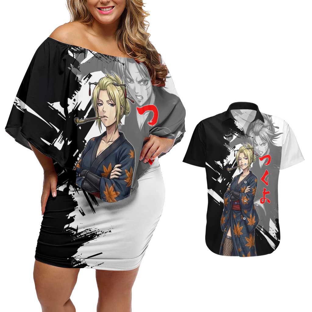 Tsukuyo Couples Matching Off Shoulder Short Dress and Hawaiian Shirt Edo Shinobi Ink Brush Style