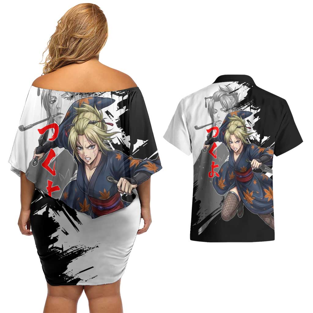 Tsukuyo Couples Matching Off Shoulder Short Dress and Hawaiian Shirt Edo Shinobi Ink Brush Style