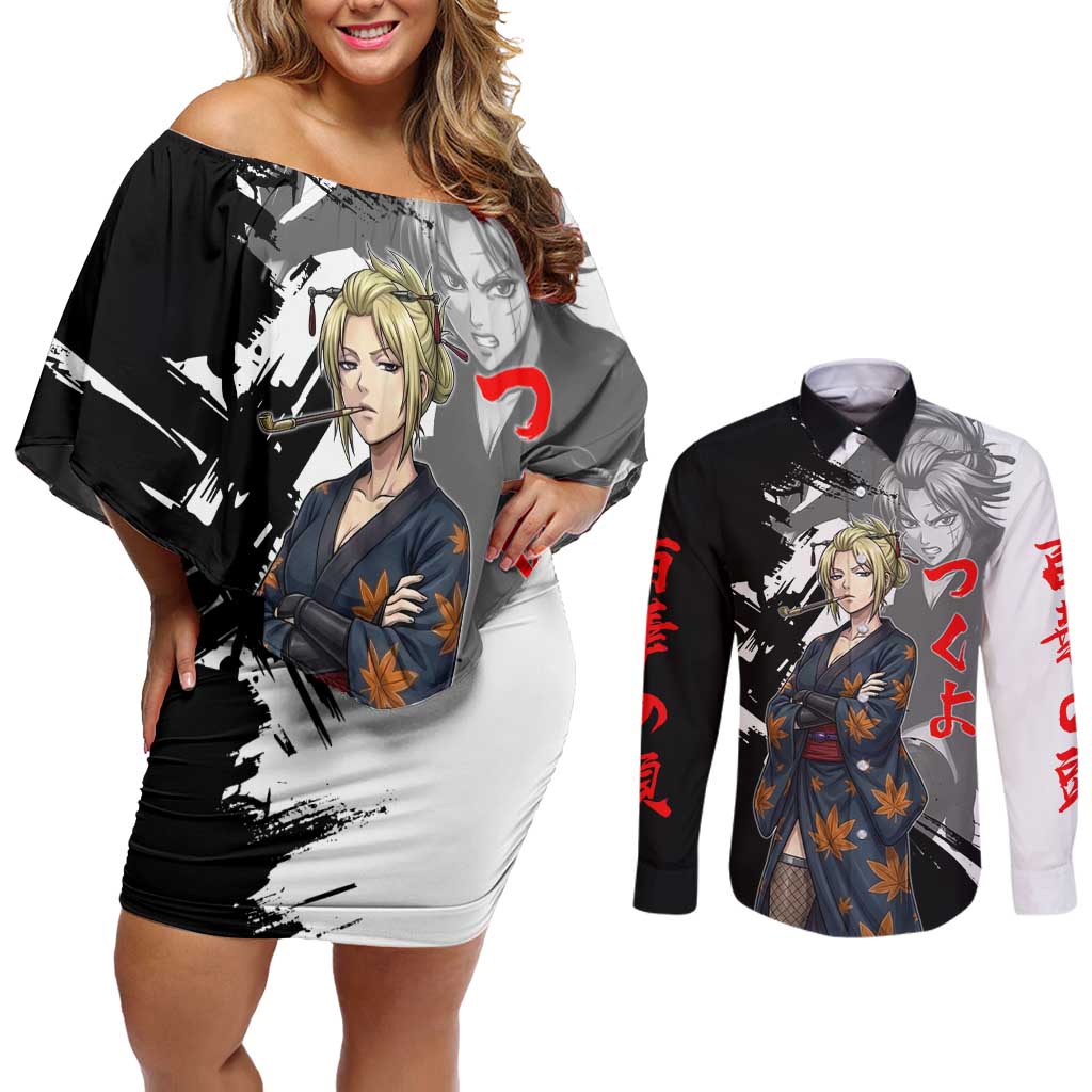 Tsukuyo Couples Matching Off Shoulder Short Dress and Long Sleeve Button Shirt Edo Shinobi Ink Brush Style