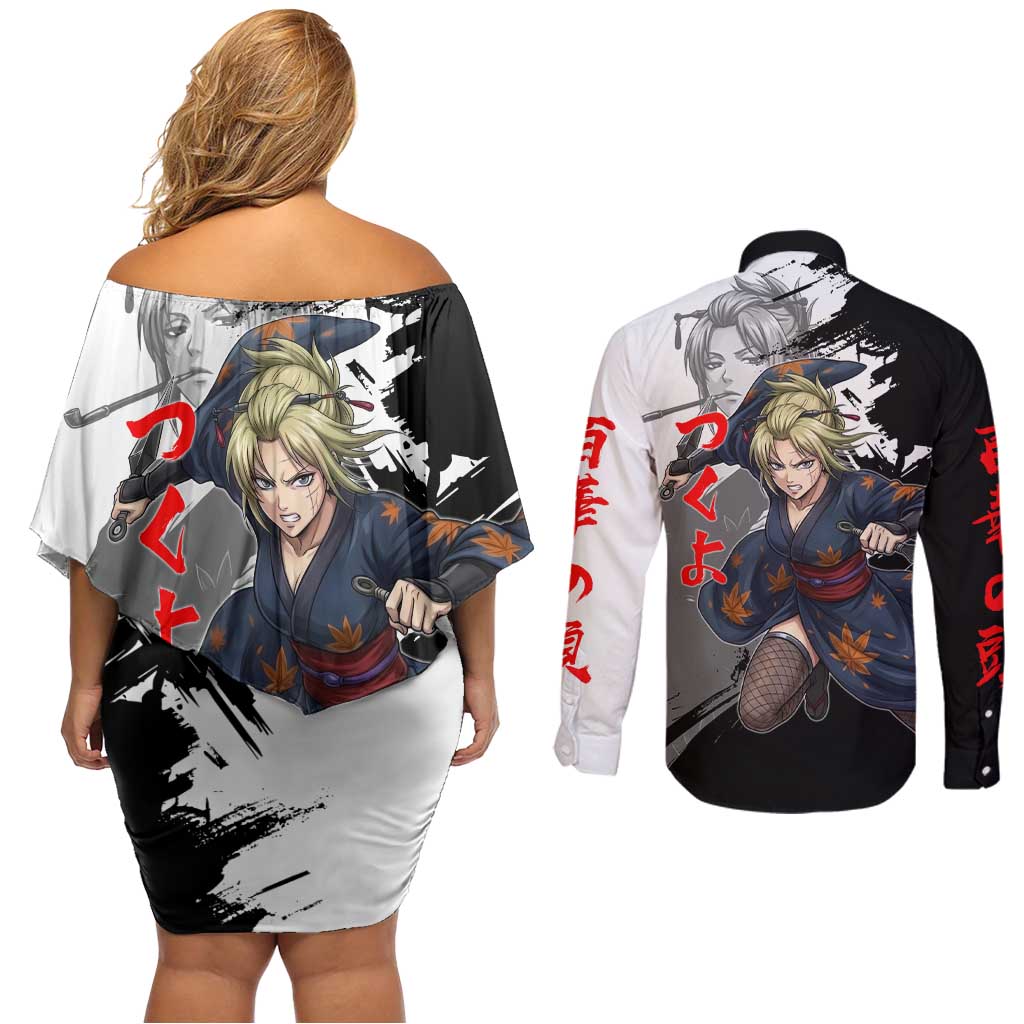 Tsukuyo Couples Matching Off Shoulder Short Dress and Long Sleeve Button Shirt Edo Shinobi Ink Brush Style