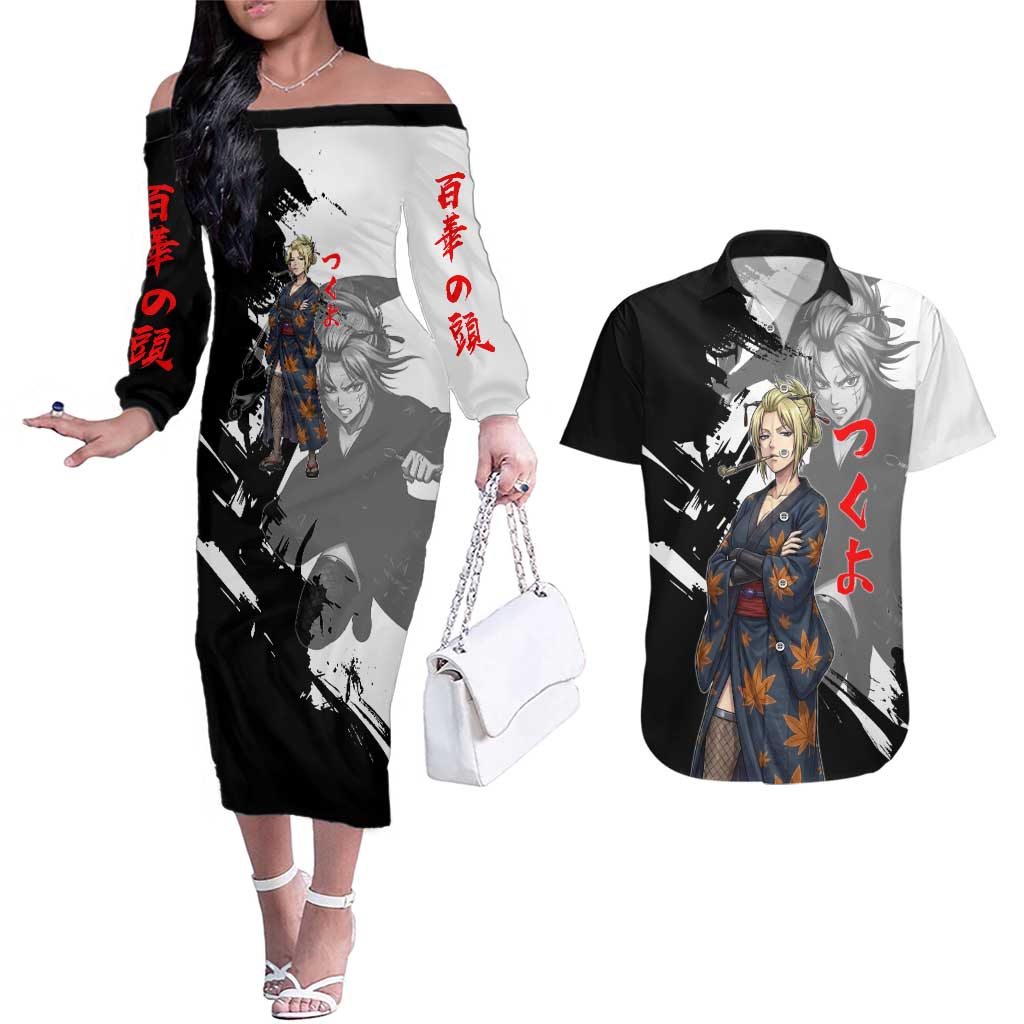 Tsukuyo Couples Matching Off The Shoulder Long Sleeve Dress and Hawaiian Shirt Edo Shinobi Ink Brush Style