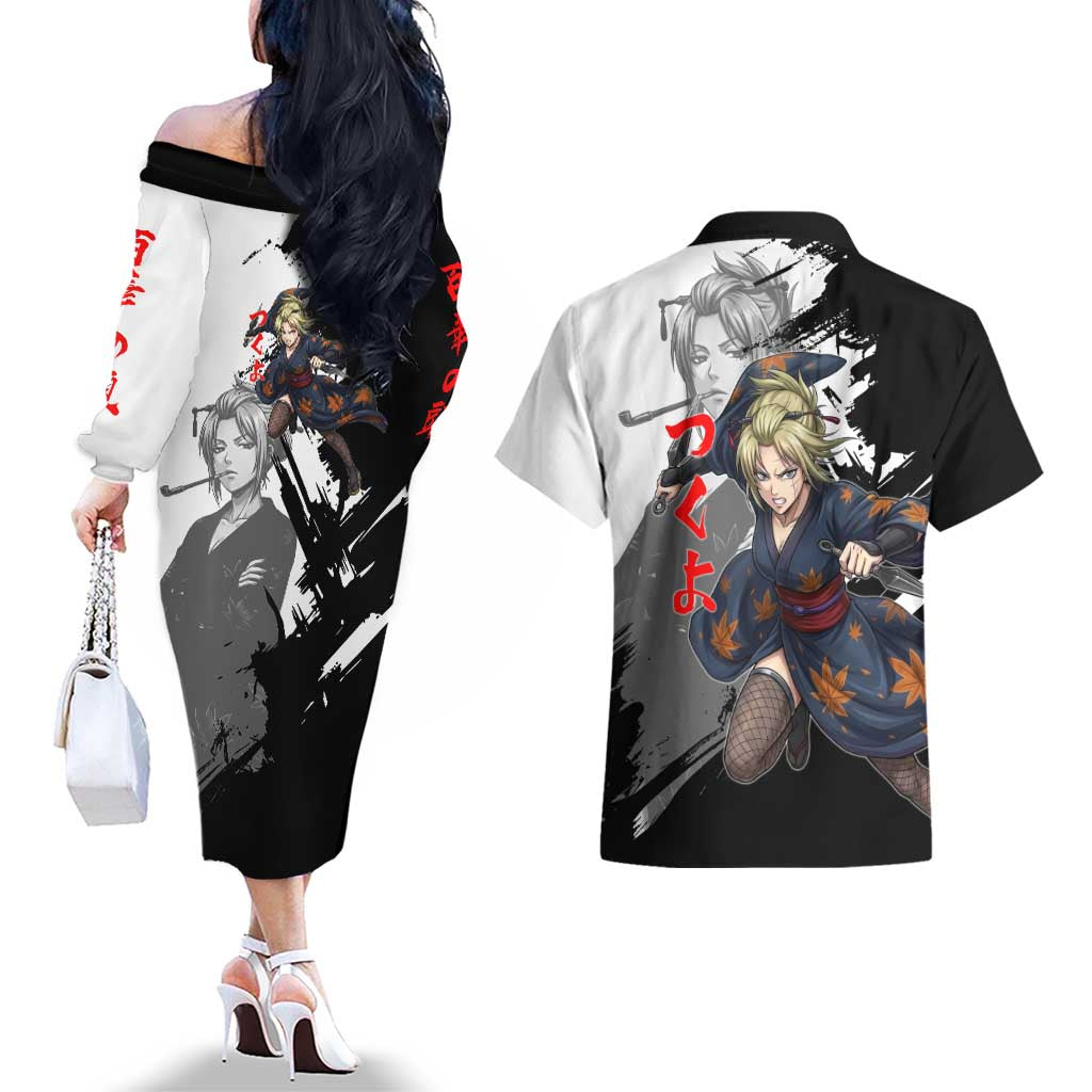Tsukuyo Couples Matching Off The Shoulder Long Sleeve Dress and Hawaiian Shirt Edo Shinobi Ink Brush Style