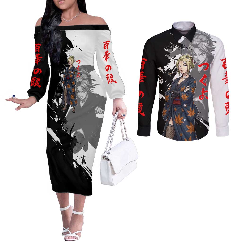 Tsukuyo Couples Matching Off The Shoulder Long Sleeve Dress and Long Sleeve Button Shirt Edo Shinobi Ink Brush Style